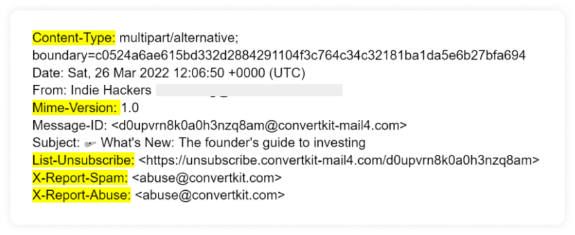 Content-type, MIME Version, List unsubscribe, X-Report-Spam, X-Report-Abuse section in email header
