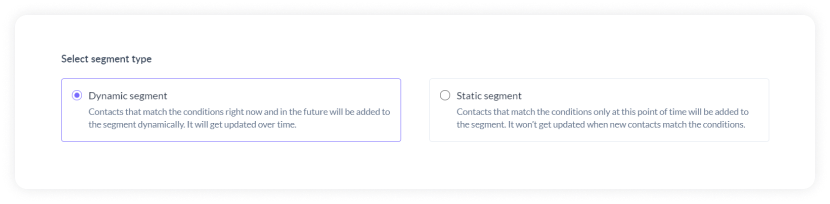 Mailmodo's segmentation dashboard showing dynamic and static segment options