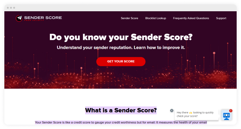 sender score by validity homepage