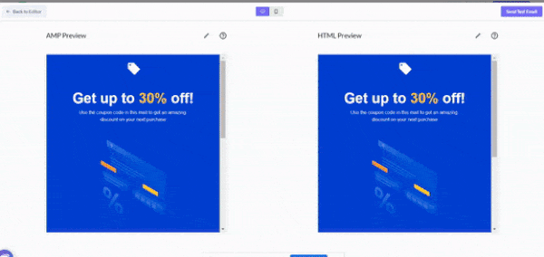Mailmodo's email preview dashboard - Showing AMP and HTML preview on both desktop and mobile.
