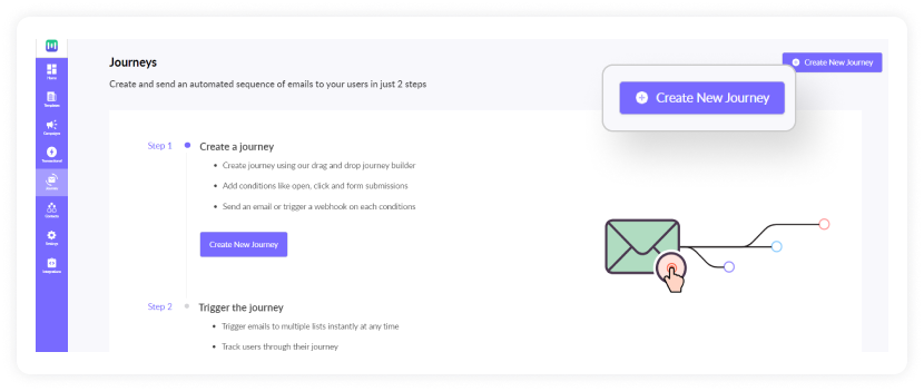 Mailmodo’s journey builder dashboard with a button to “Create new journey”