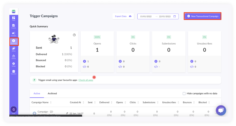 Go to transactional and click new transactional campaign