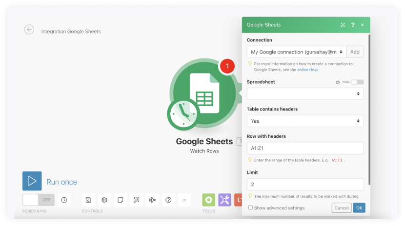 Configure the google sheet and click next