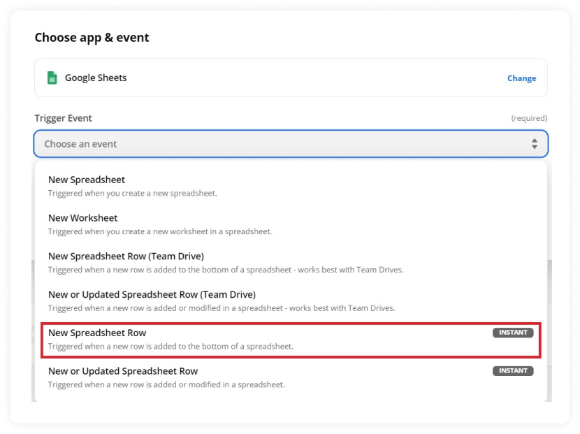 Choose 'New Spreadsheet Row'. Then click on 'Continue.'