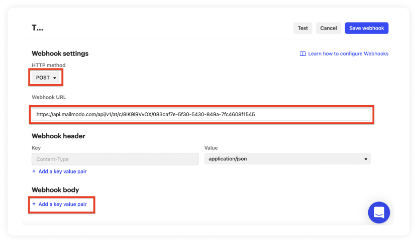 Select HTTP method as POST and paste the webhook copied from Mailmodo's trigger info section