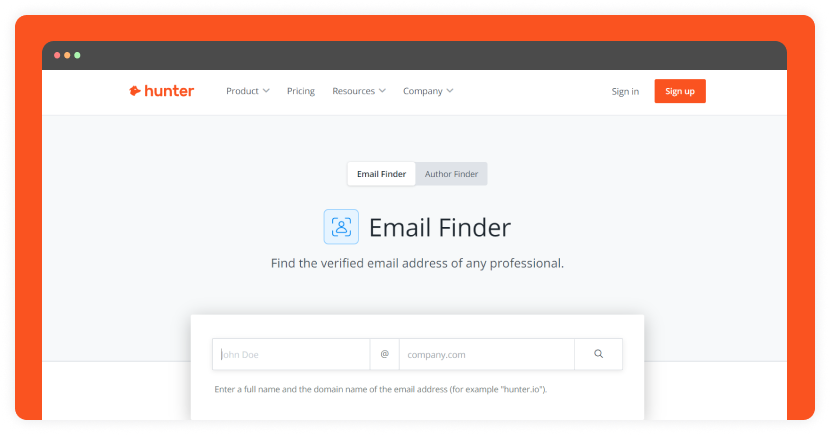 Hunter email finder page screenshot