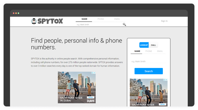 Spytox email lookup page screenshot