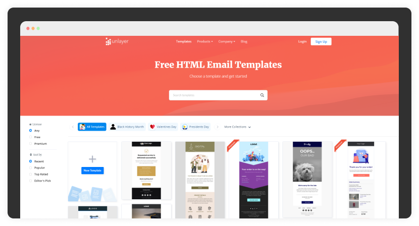 Unlayer's email template page screenshot