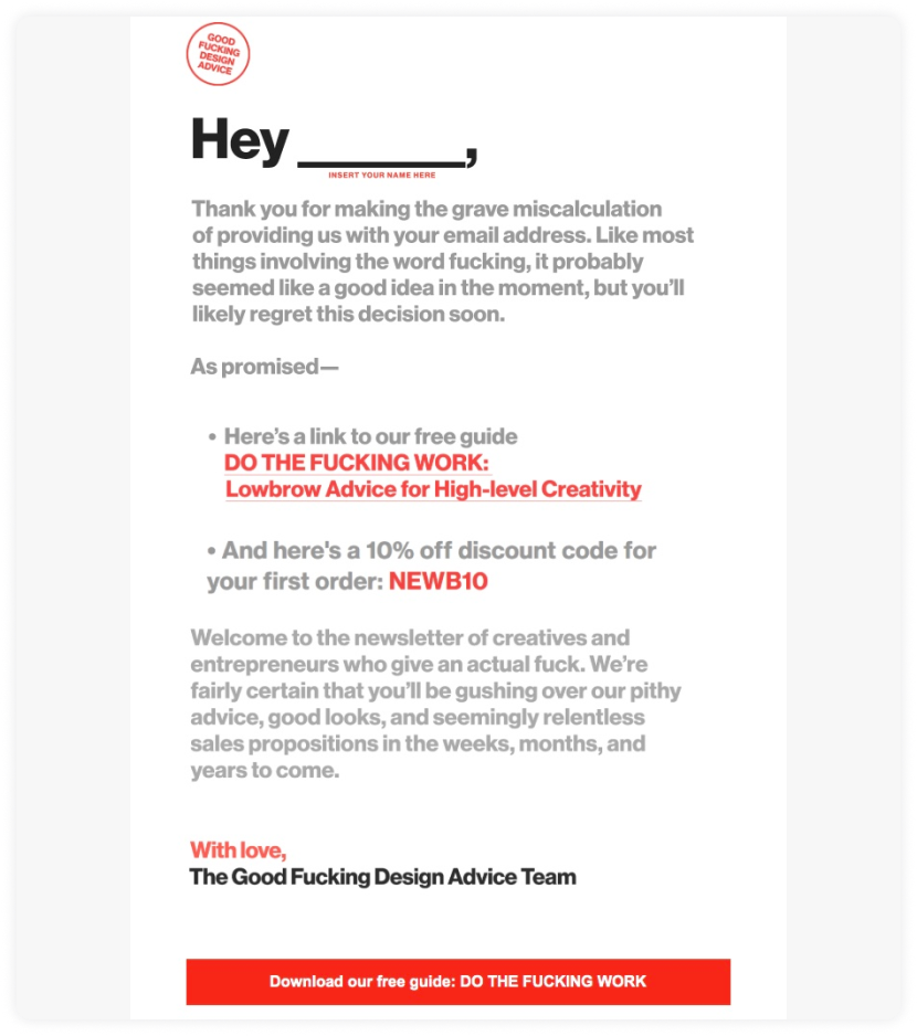 Funny welcome email