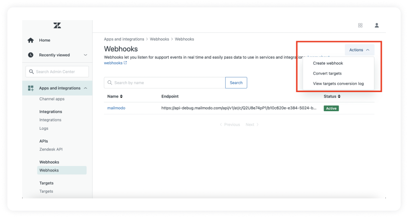 Go to Actions > Create Webhook.