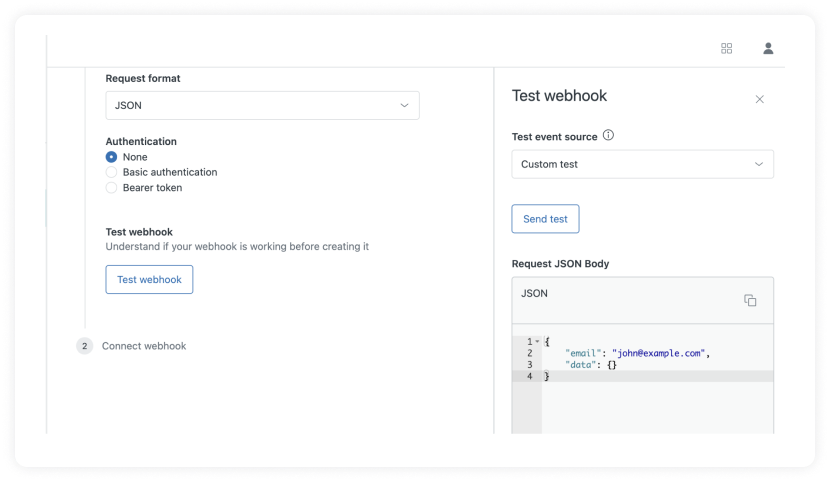 Click on Test webhook. Select Test event source as Custom test. Paste the following in the Request JSON Body.