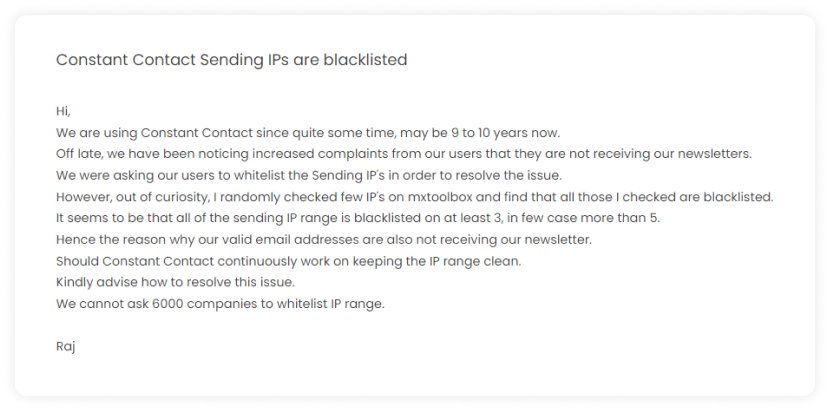 Constant Contact user discussing Constant Contact's backlisted IP issue