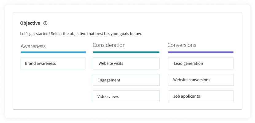LinkedIn ad's objective selection page