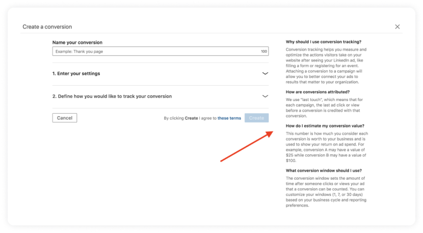 LinkedIn ad conversion creation page