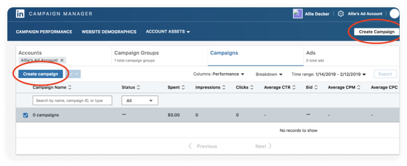 Create a LinkedIn ad campaign page