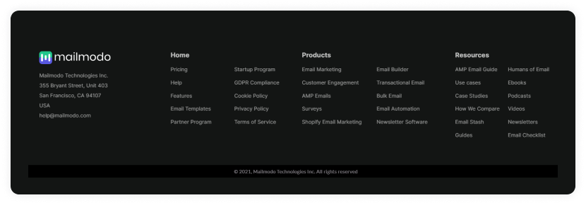 Mailmodo's footer screenshot