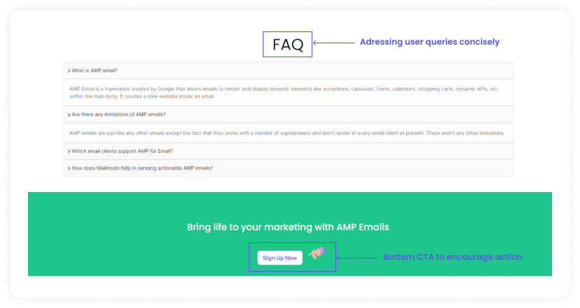 FAQ section on landing page followed by a clear CTA