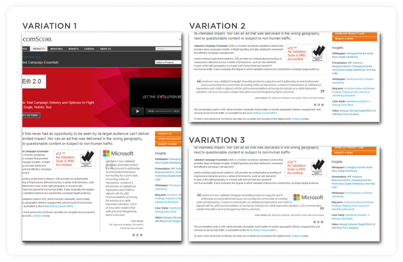 Comscore's A/B testing variation screenshot