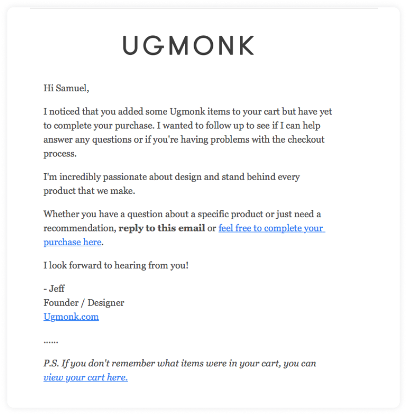 Cart abandonment email example by Ugmonk.