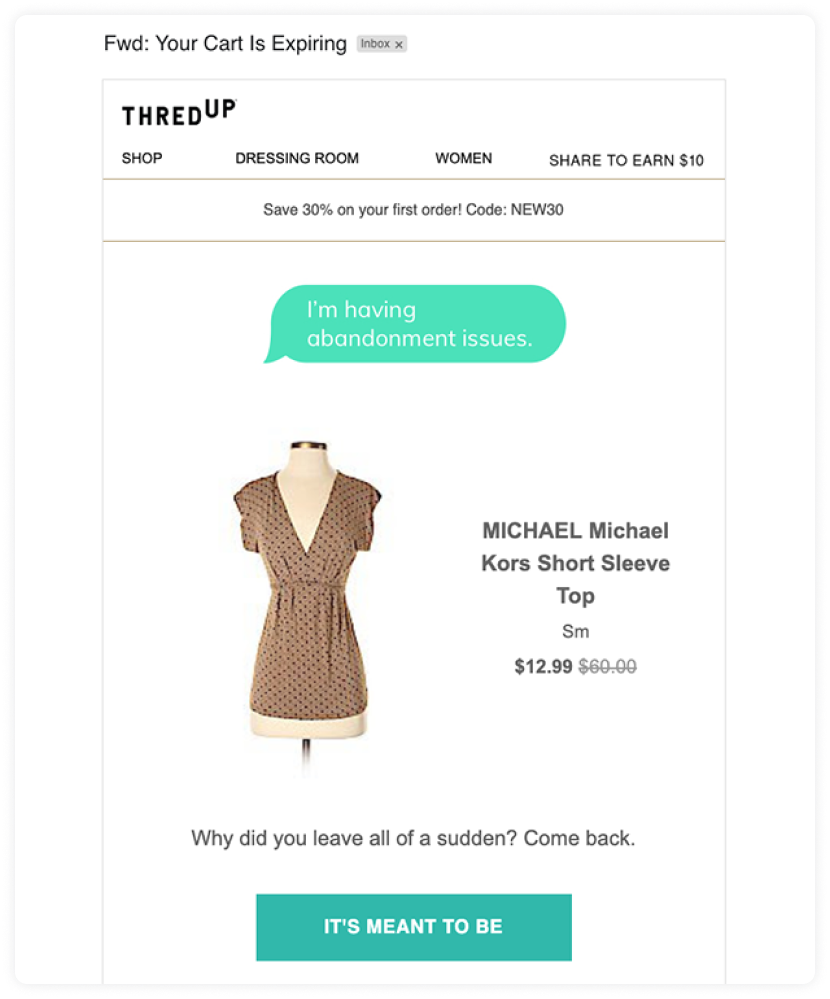 Cart abandonment email example by Thredup