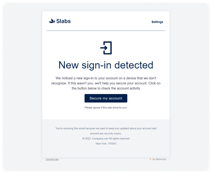 Account and security alert email by Mailmodo