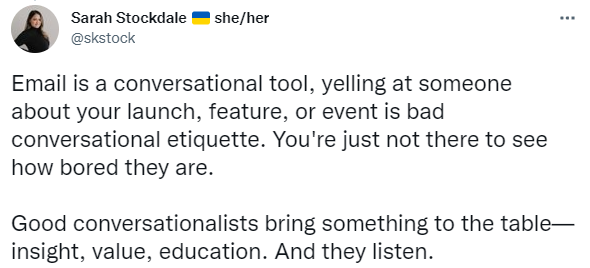 A tweet about keeping emails conversational. 