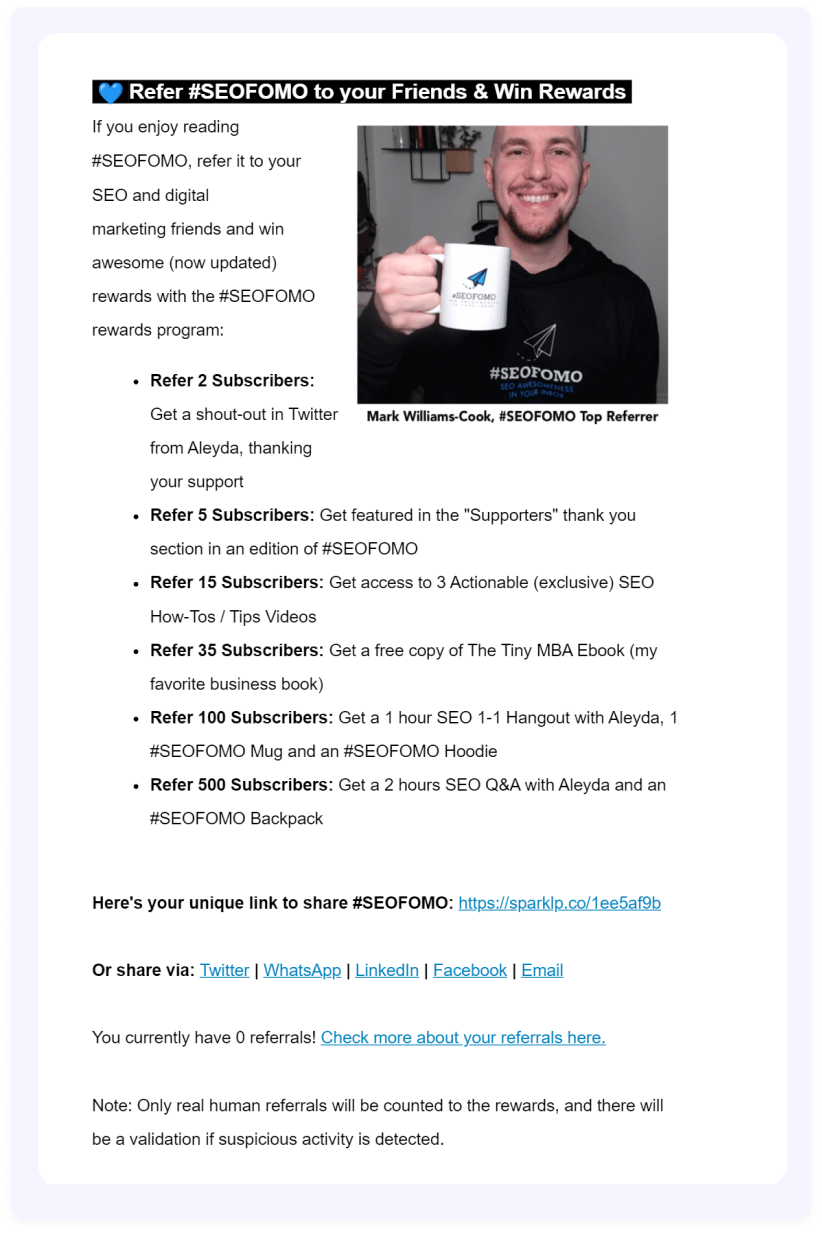 Referral links in  SEOFOMO newsletter