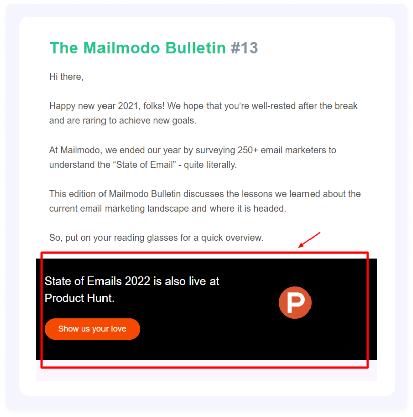 Product hunt launch promotion in newsletter by Mailmodo