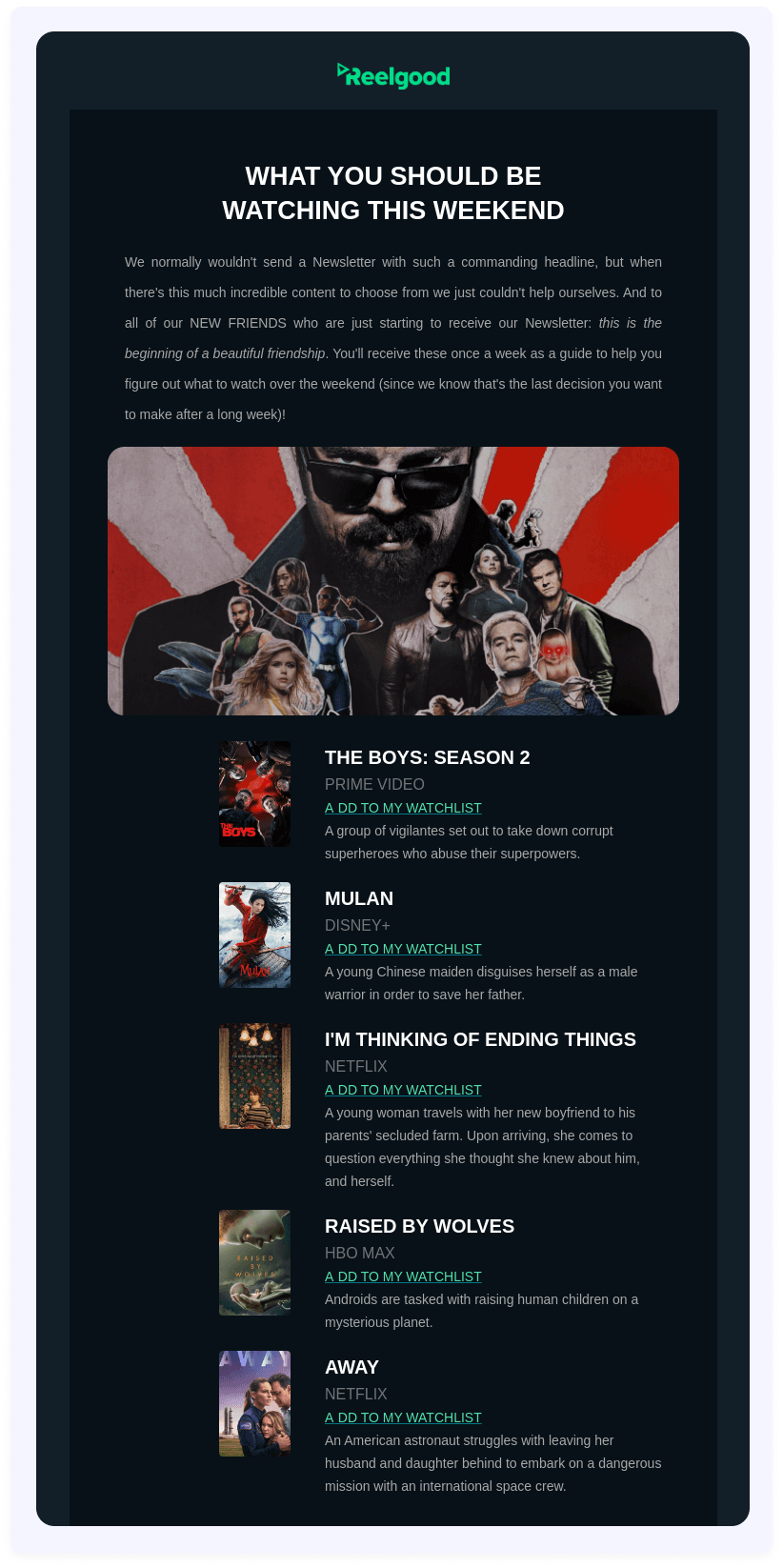 Weekend recommendation newsletter by ReelGood