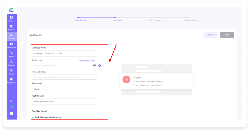 Dashboard to add subject line, preheader text for email campaign