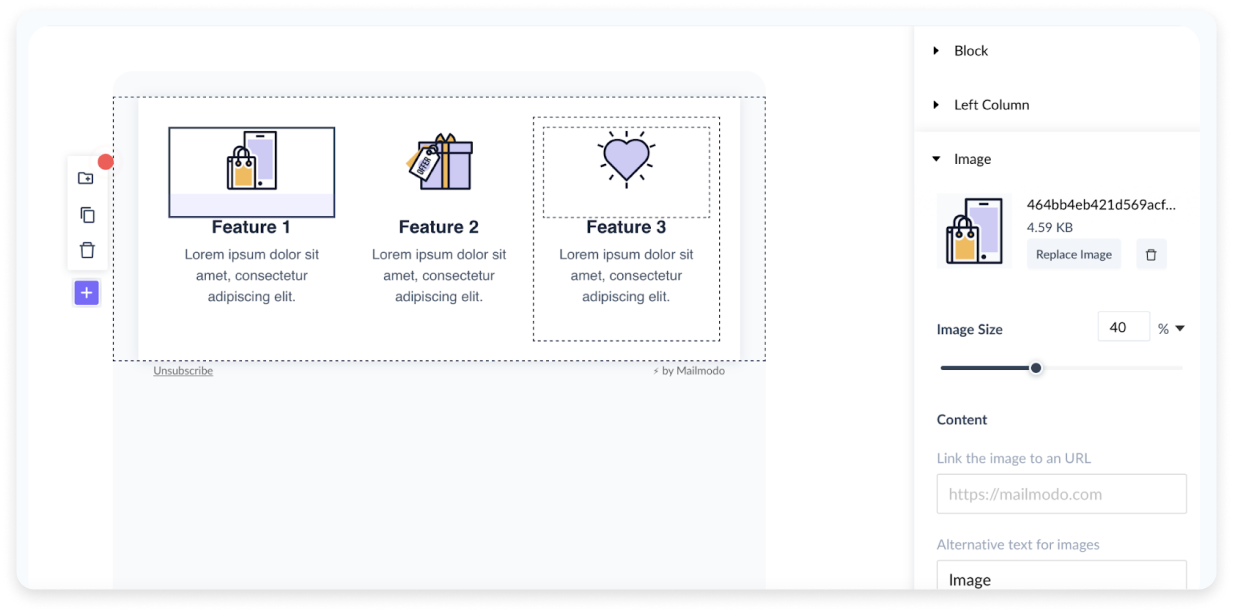 Screen showing how to add image in Mailmodo's email template builder