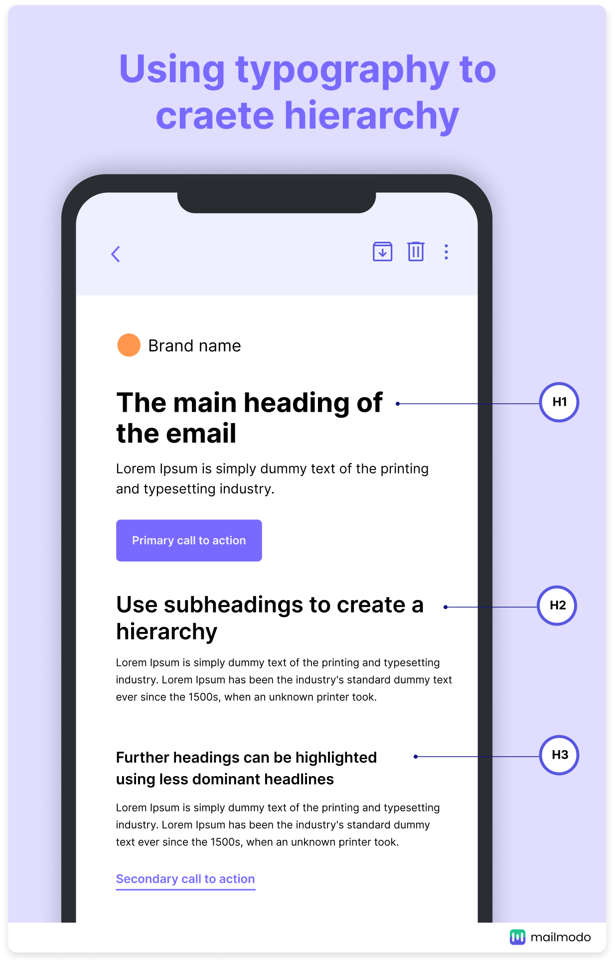Using typography (heading and subheadings) to create hierarchy in the email