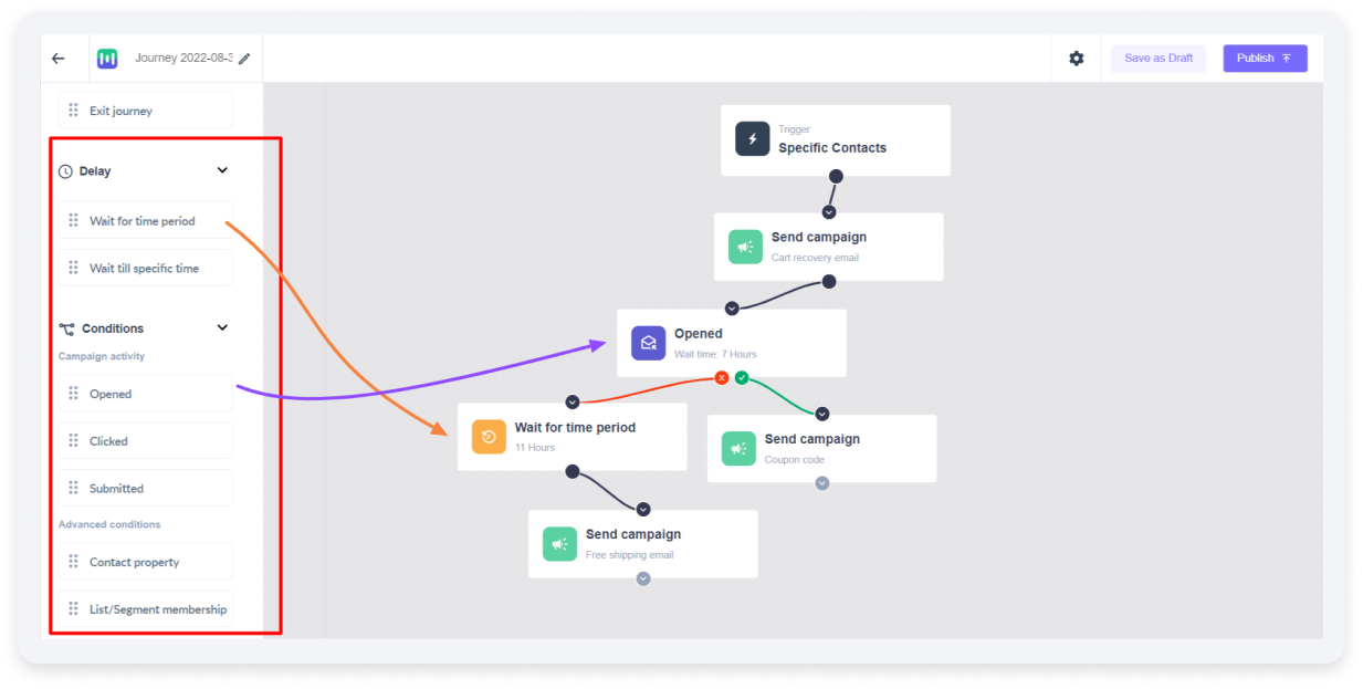 Conditions and delays in Mailmodo's email automation journey builder