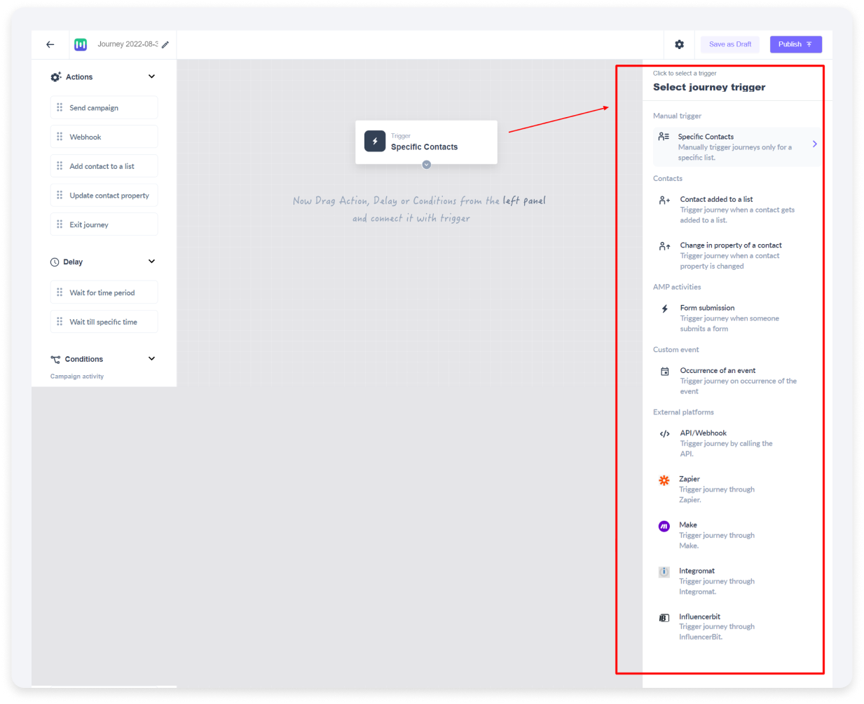 Select contacts from Mailmodo's journey builder