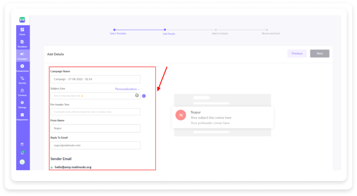 Dashboard to add subject line, preheader text and sender domain in Mailmodo