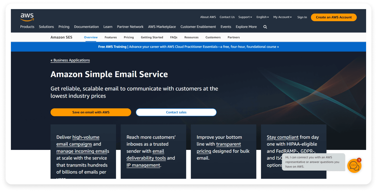 Amazon SES landing page