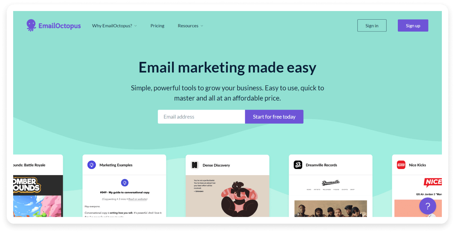 EmailOctopus landing page