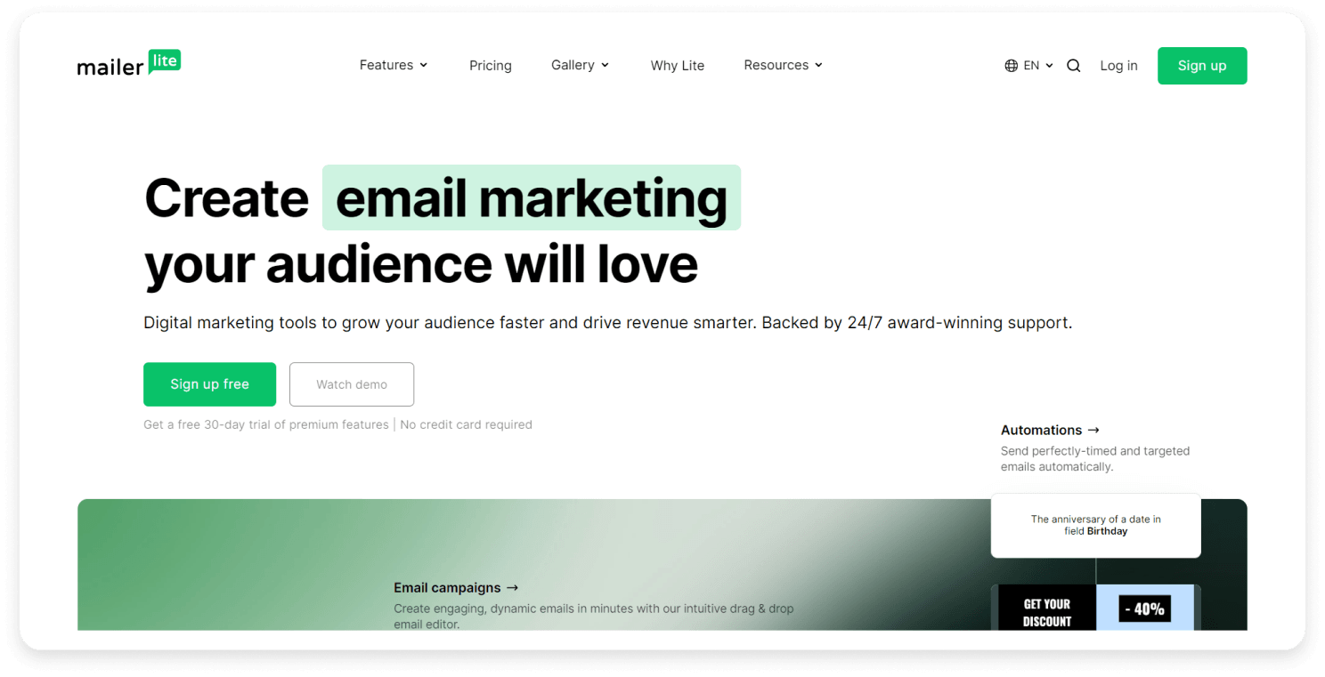 MailerLite landing page