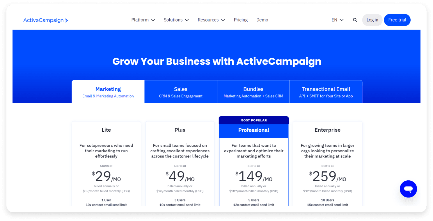 ActiveCampaign pricing page