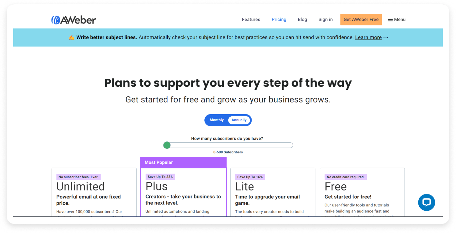 AWeber pricing page