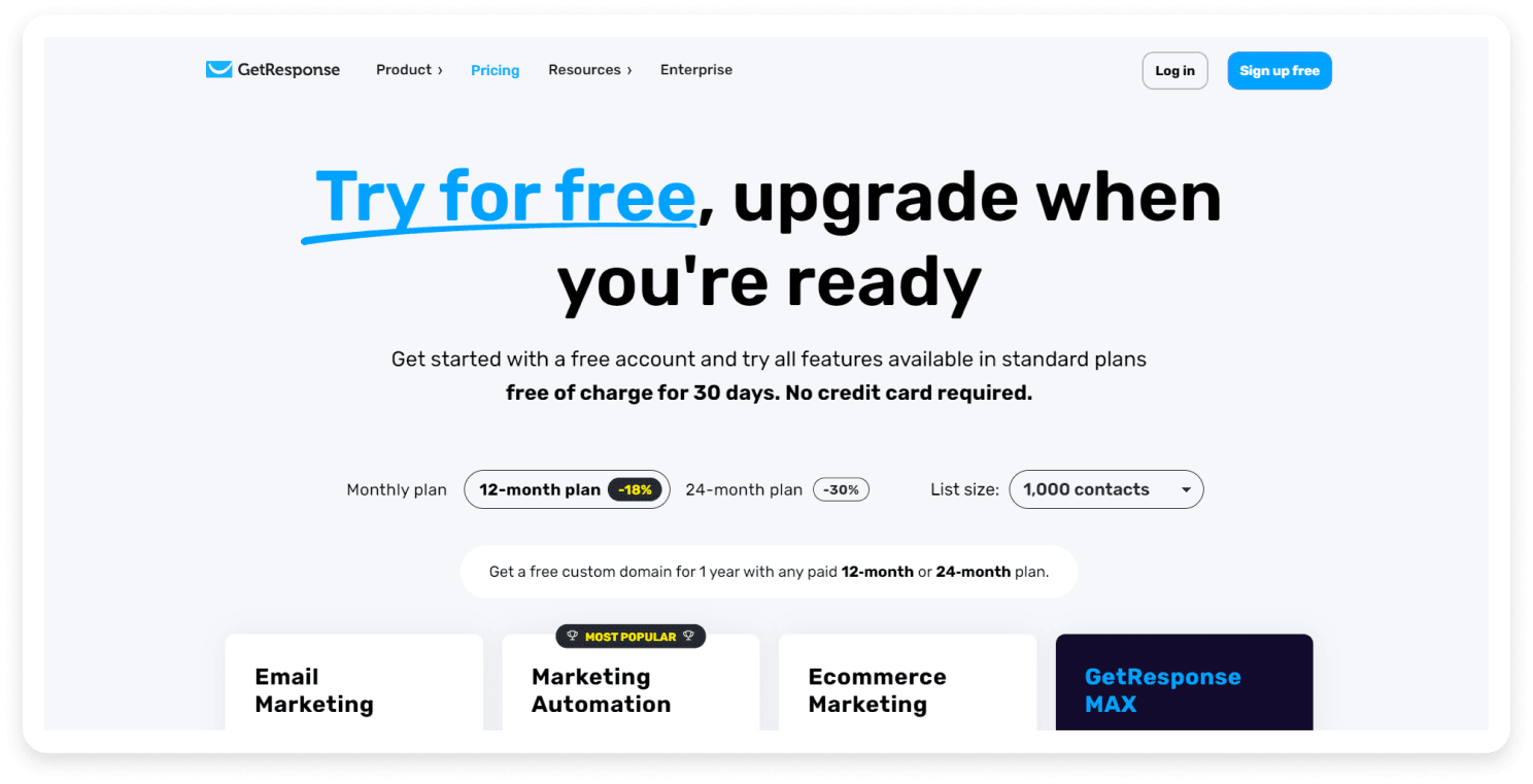 GetResponse pricing page