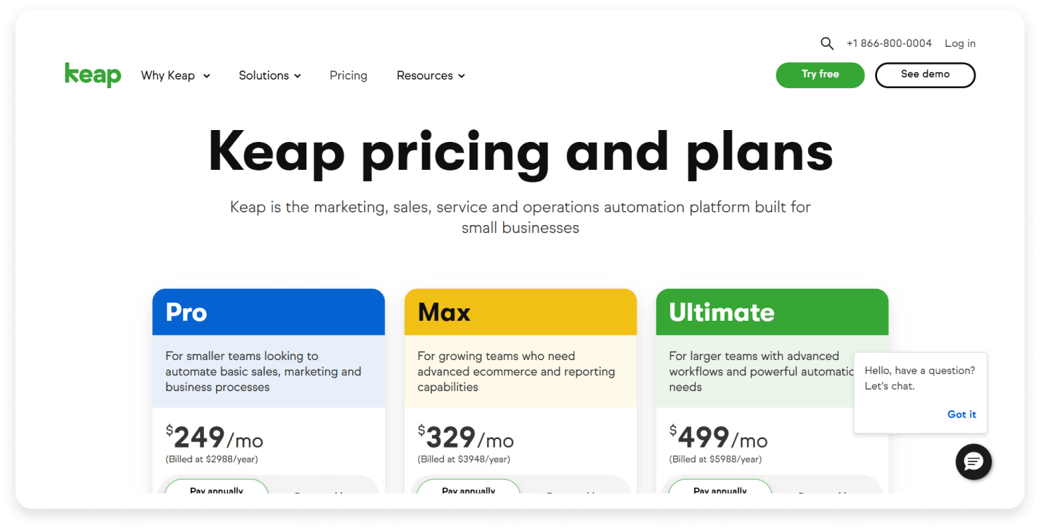 Keap pricing page