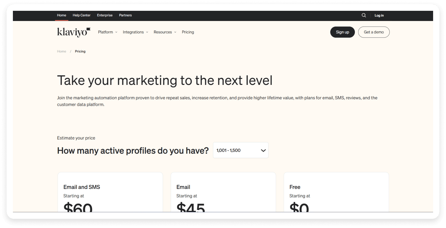 Klaviyo pricing page
