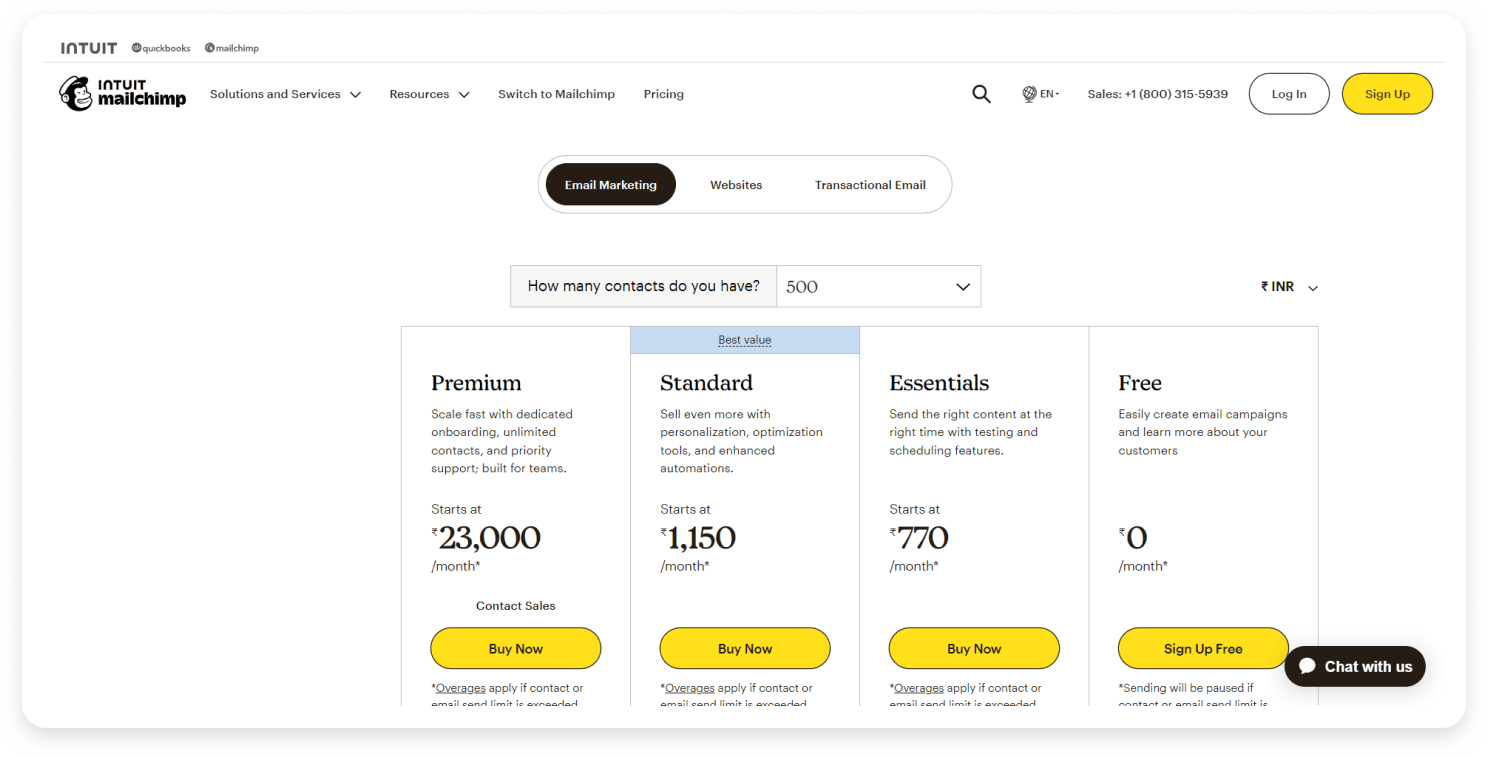 Mailchimp pricing page