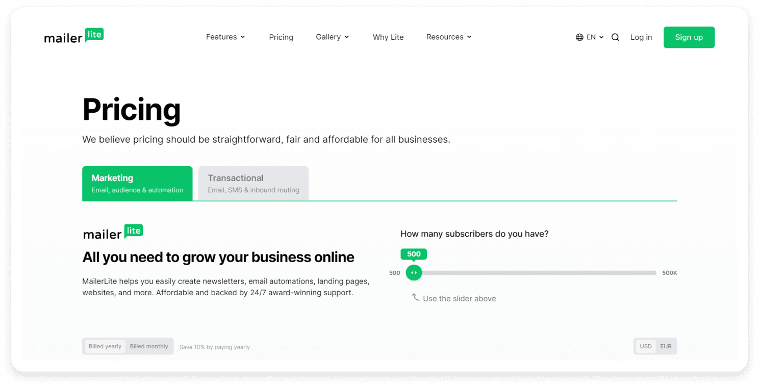 MailerLite pricing page