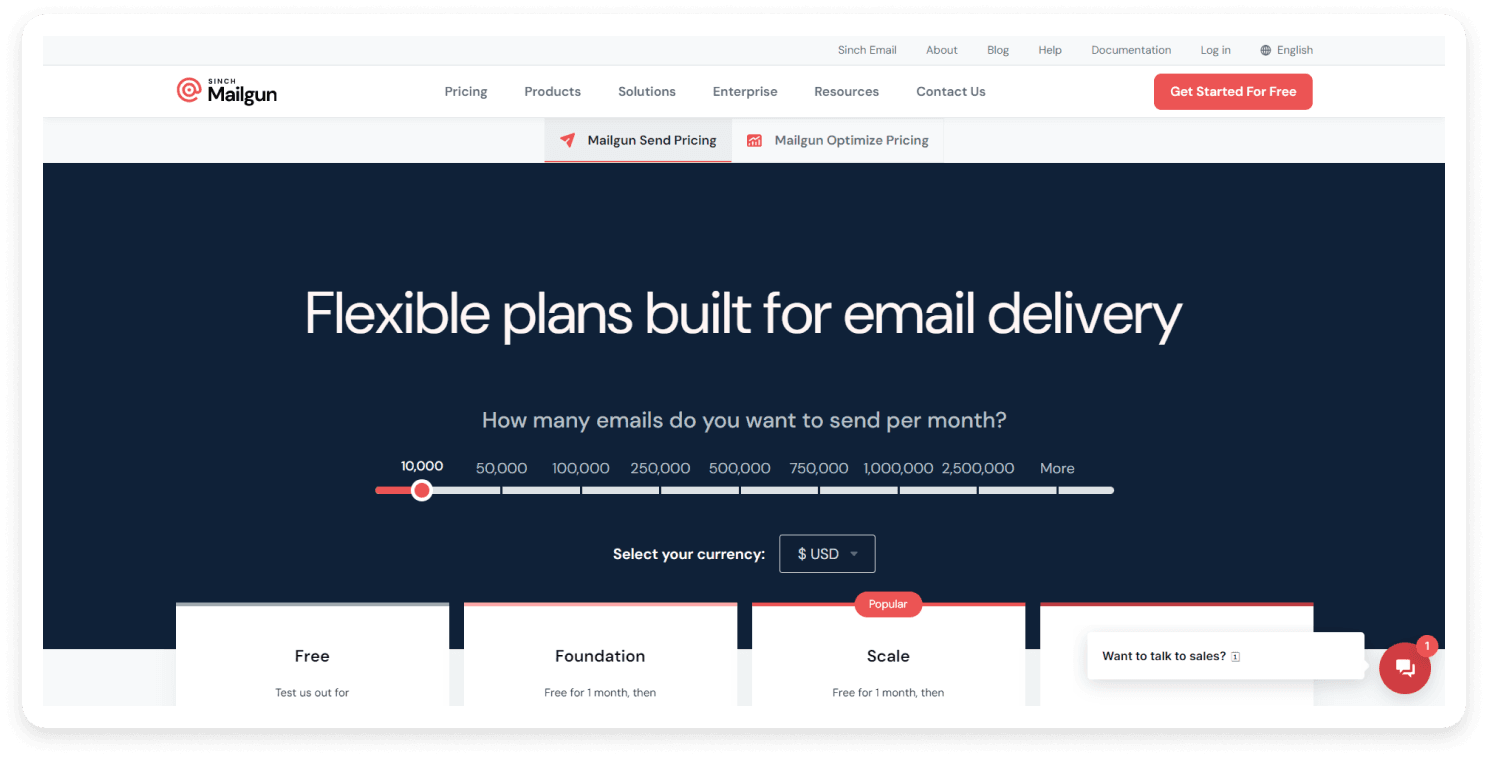 Mailgun pricing page