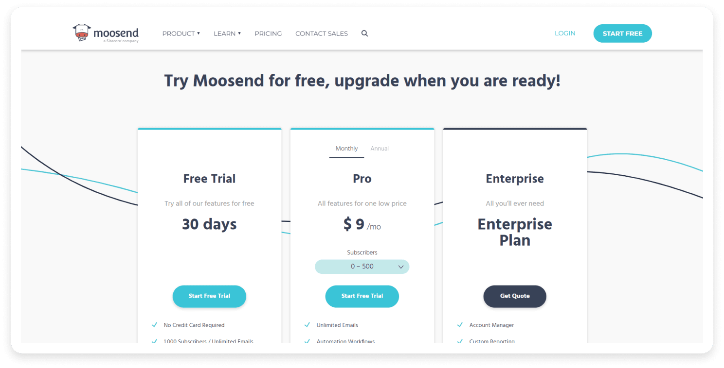 Moosend pricing page