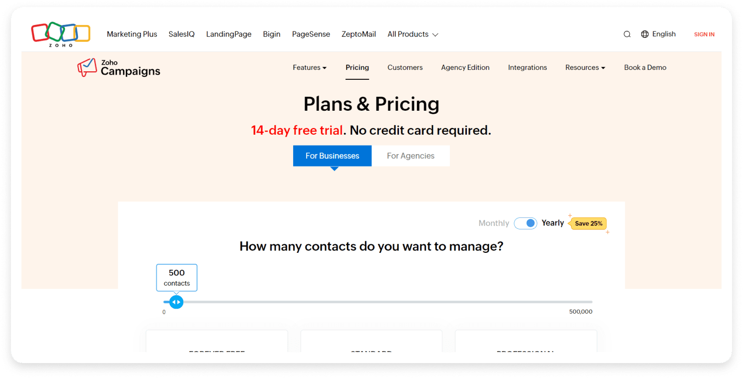Zoho Campaigns pricing page