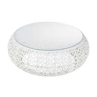 Tavolo basso bianco da giardino in vetro temperato e resina intrecciata L 92 cm Tavolo basso bianco da giardino in vetro temperato e resina intrecciata L 92 cm