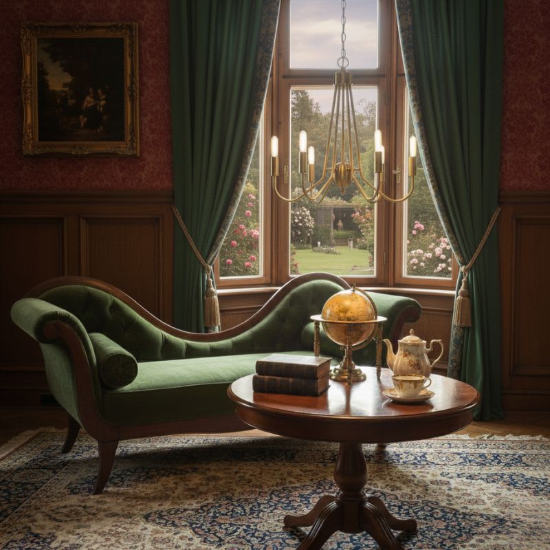 Elegant interior with green velvet chaise lounge and brass chandelier